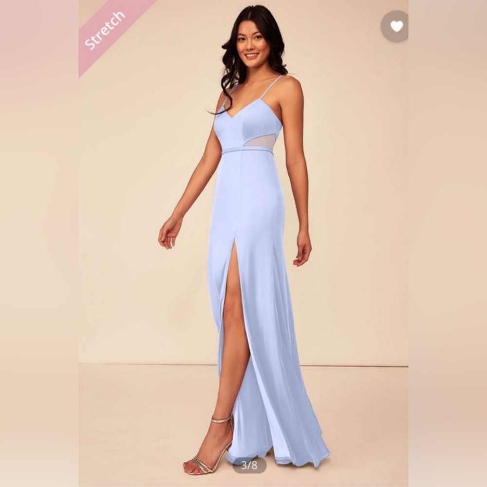 NWT Azazie sky blue Adila mesh cut out side floor length bridesmaid prom dress